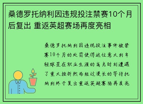 桑德罗托纳利因违规投注禁赛10个月后复出 重返英超赛场再度亮相